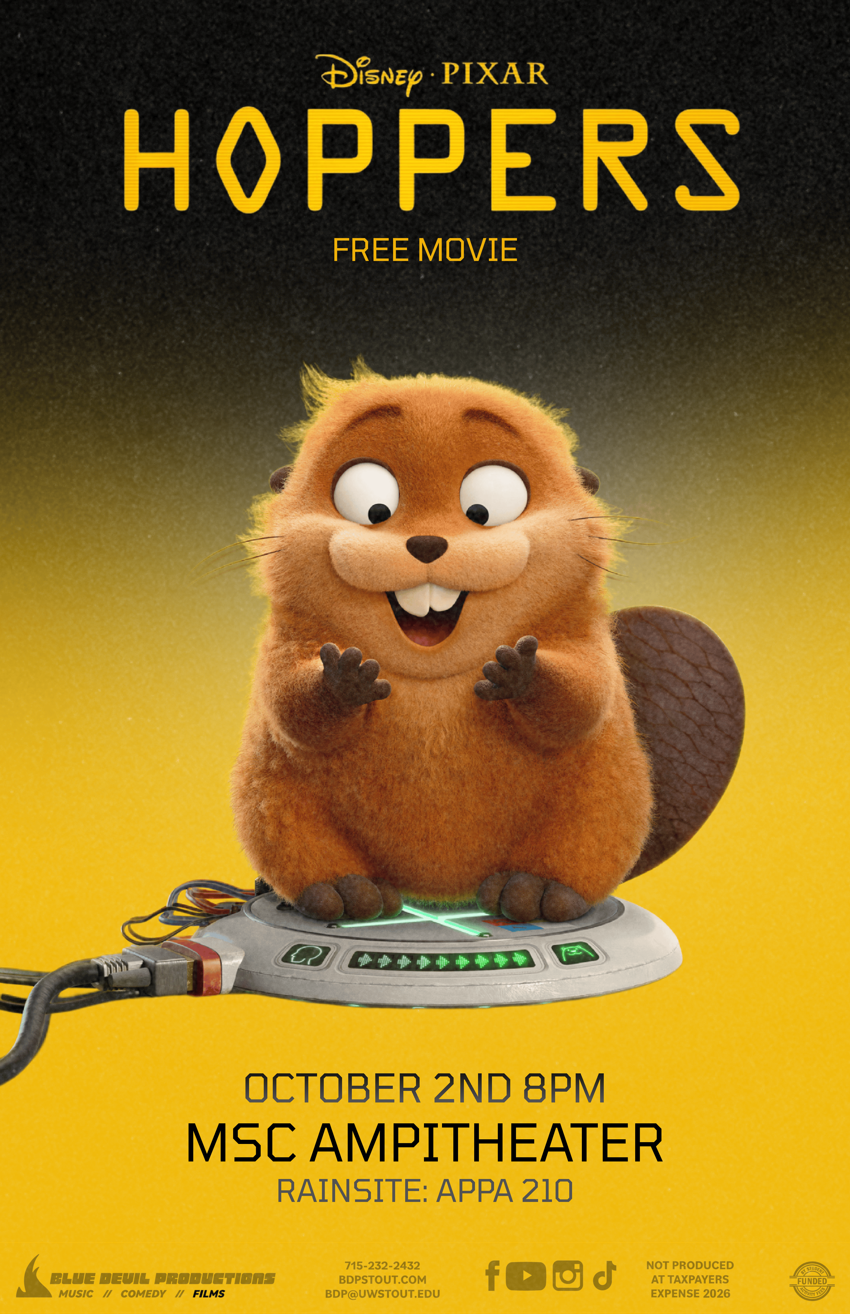 Poster for BDP Films: Hoppers, featuring a beaver on a yellow and black gradient background.