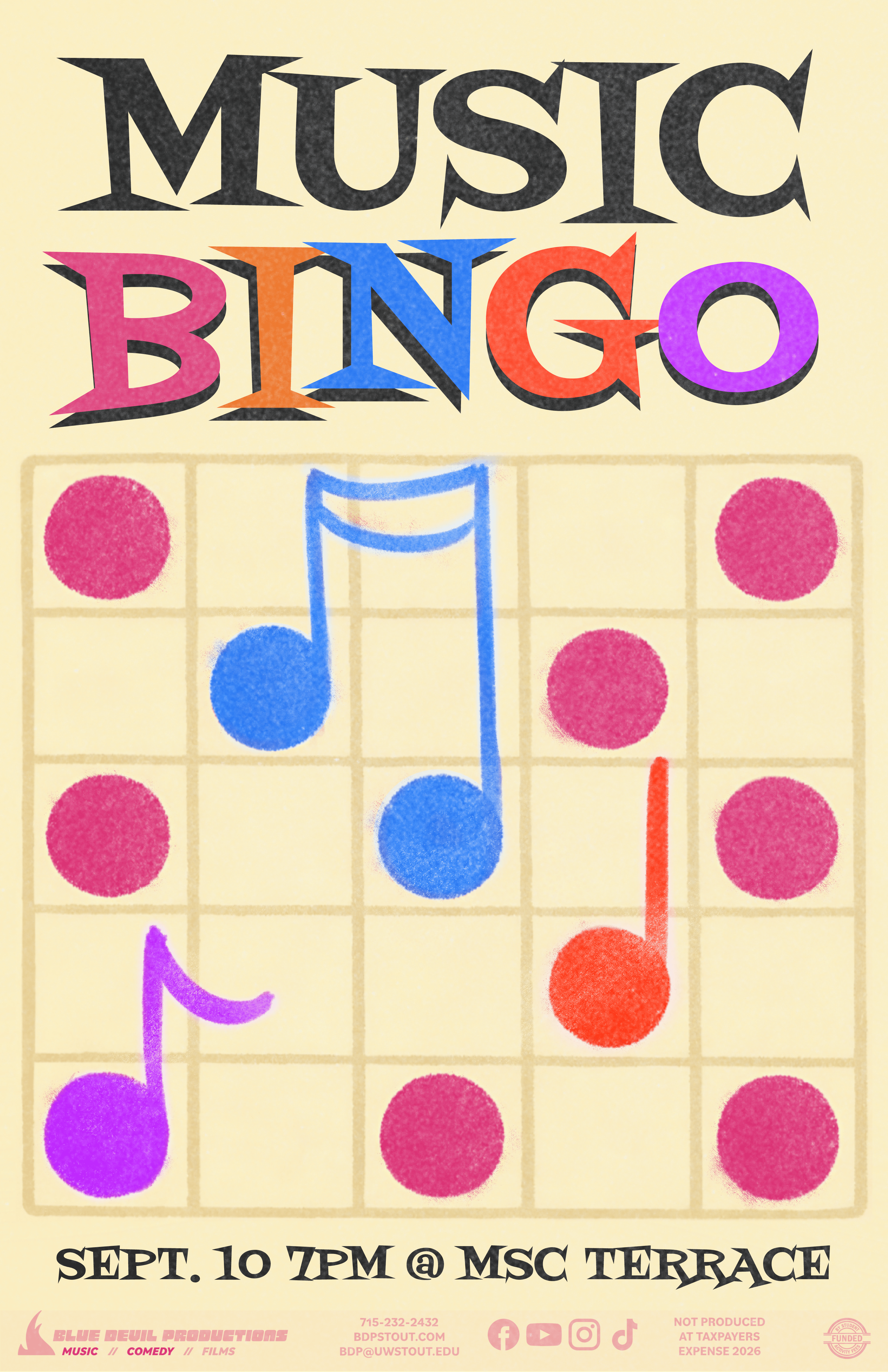 Poster for BDP MUSIC: Music Bingo. An Image of a bingo card with music notes overlayed on top of it. Music Bingo event takes place on September 10th, at 7PM in the MSC Terrace.