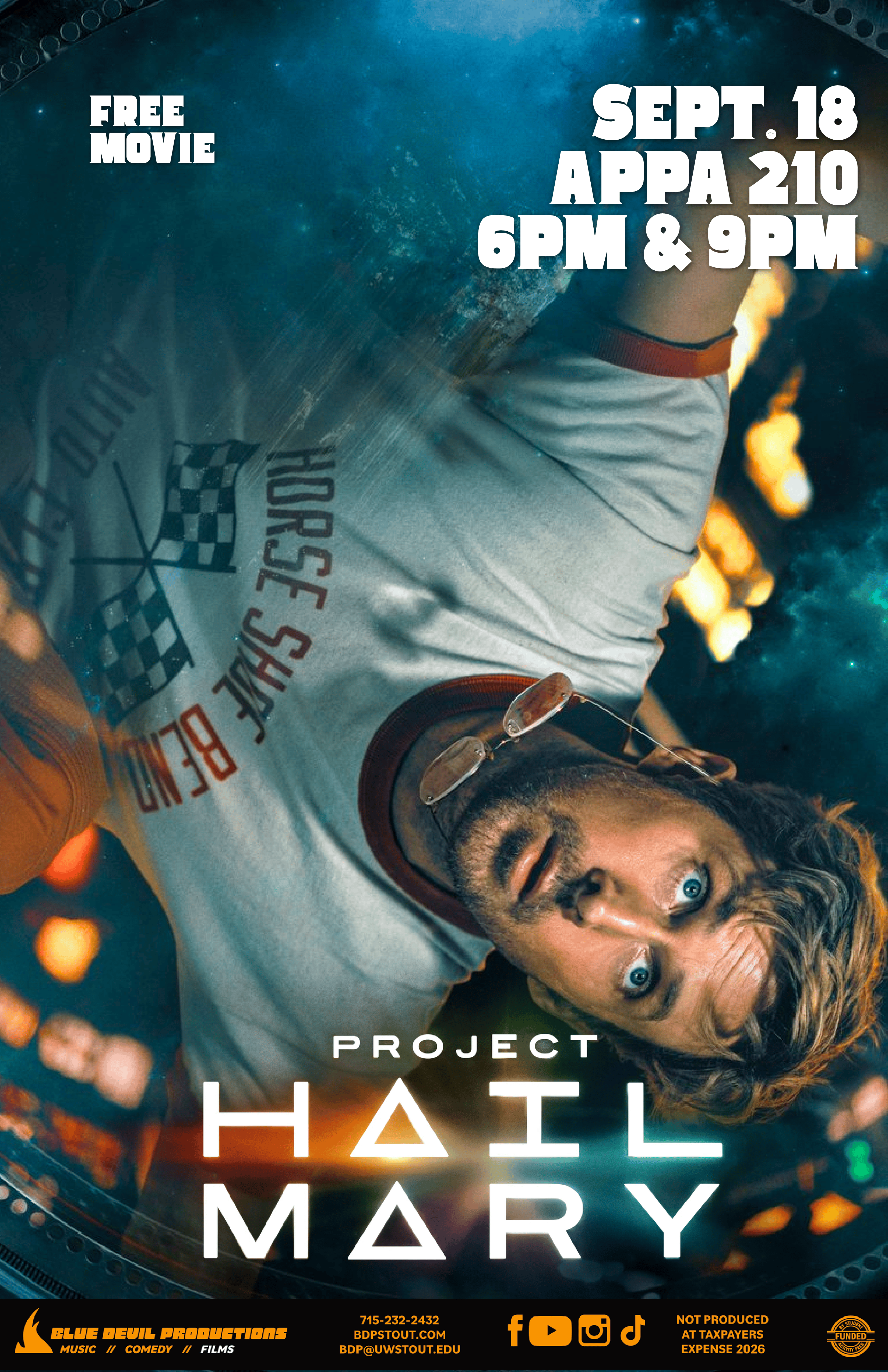 Poster for BDP Films: Project Hail Mary. The Movie will be playing at both 6 PM and 9 PM in Applied Arts 210 on September 18th.
