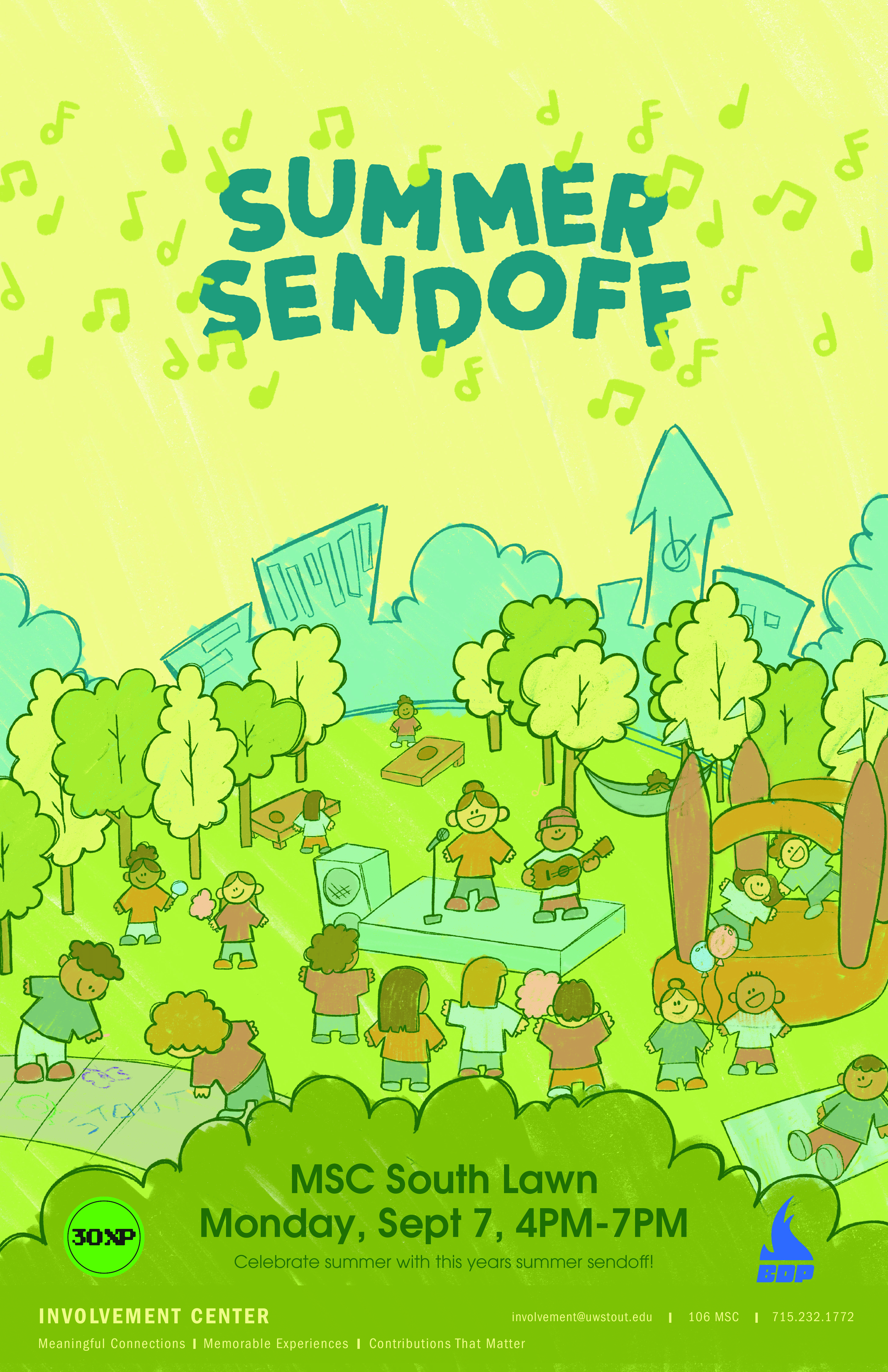 Poster for Summer Send-Off. A hand drawn image of cartoon people. The event will be on the MSC South Lawn on Monday September 7th from 4-7PM and will feature music from SM6. This event is cohosted with Involvement Center and BDP. It is worth 30 xp.